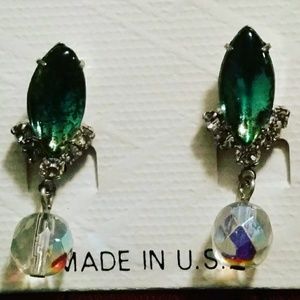 Statement Earrings Green silver rhinestone dangle